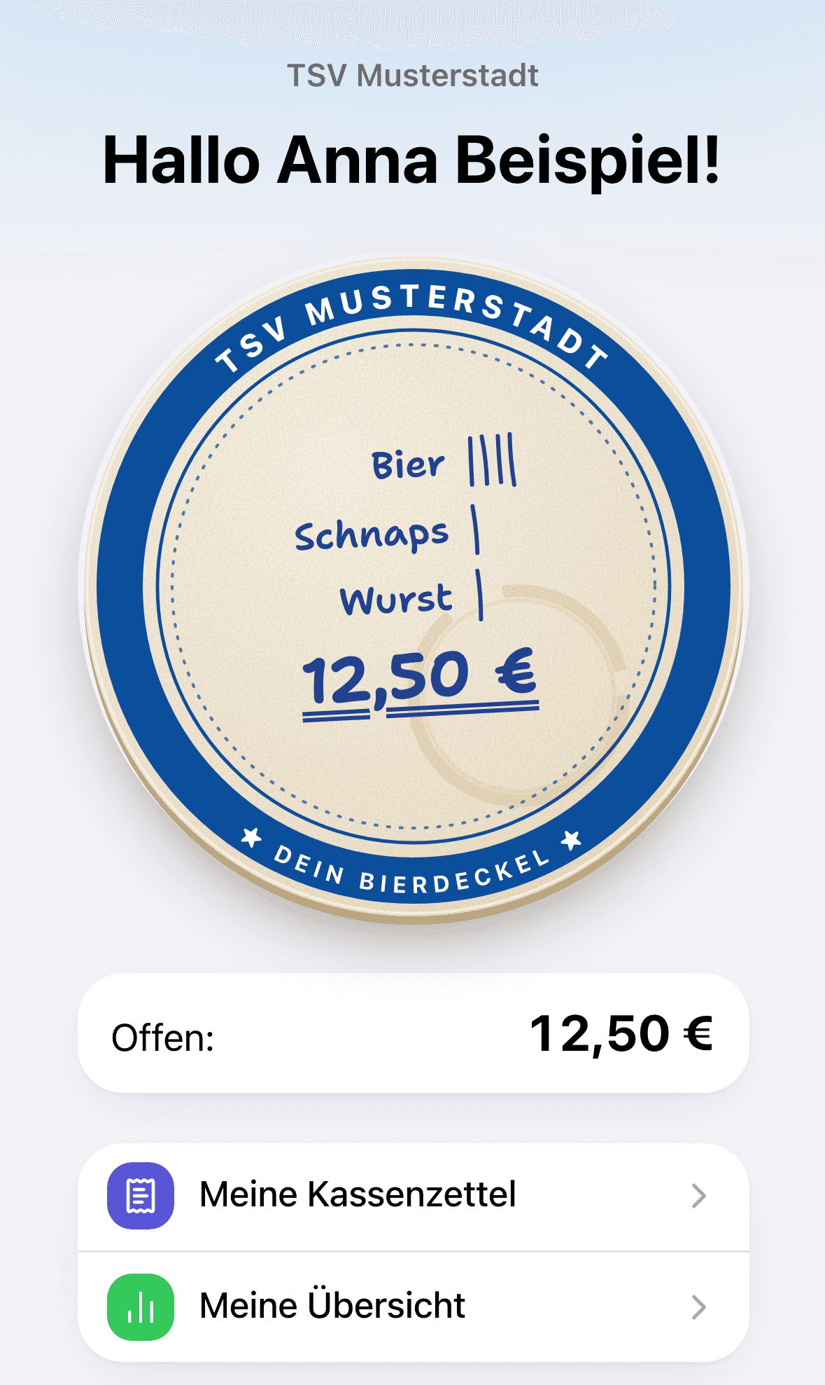 Der Bierdeckel eines Mitglieds auf dem Handy mit Strichen für Bier, Schnaps und Wurst